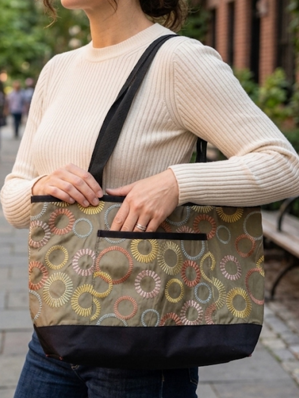Sally Spicer Beach Embroidered Circle Tote Bag Olive Black Trim nylon canvas